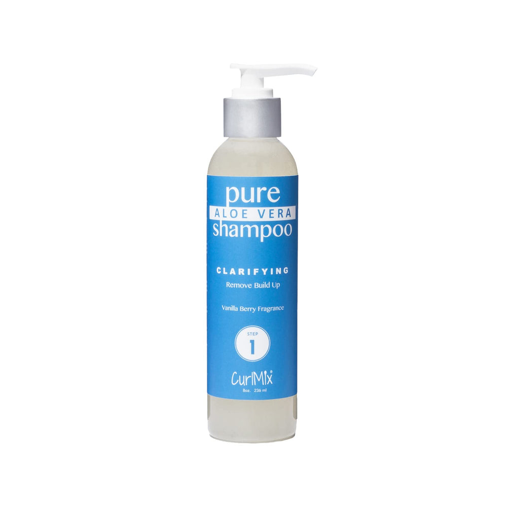 CurlMix shampoo bottle with Aloe Vera and vanilla berry scent for curly hair