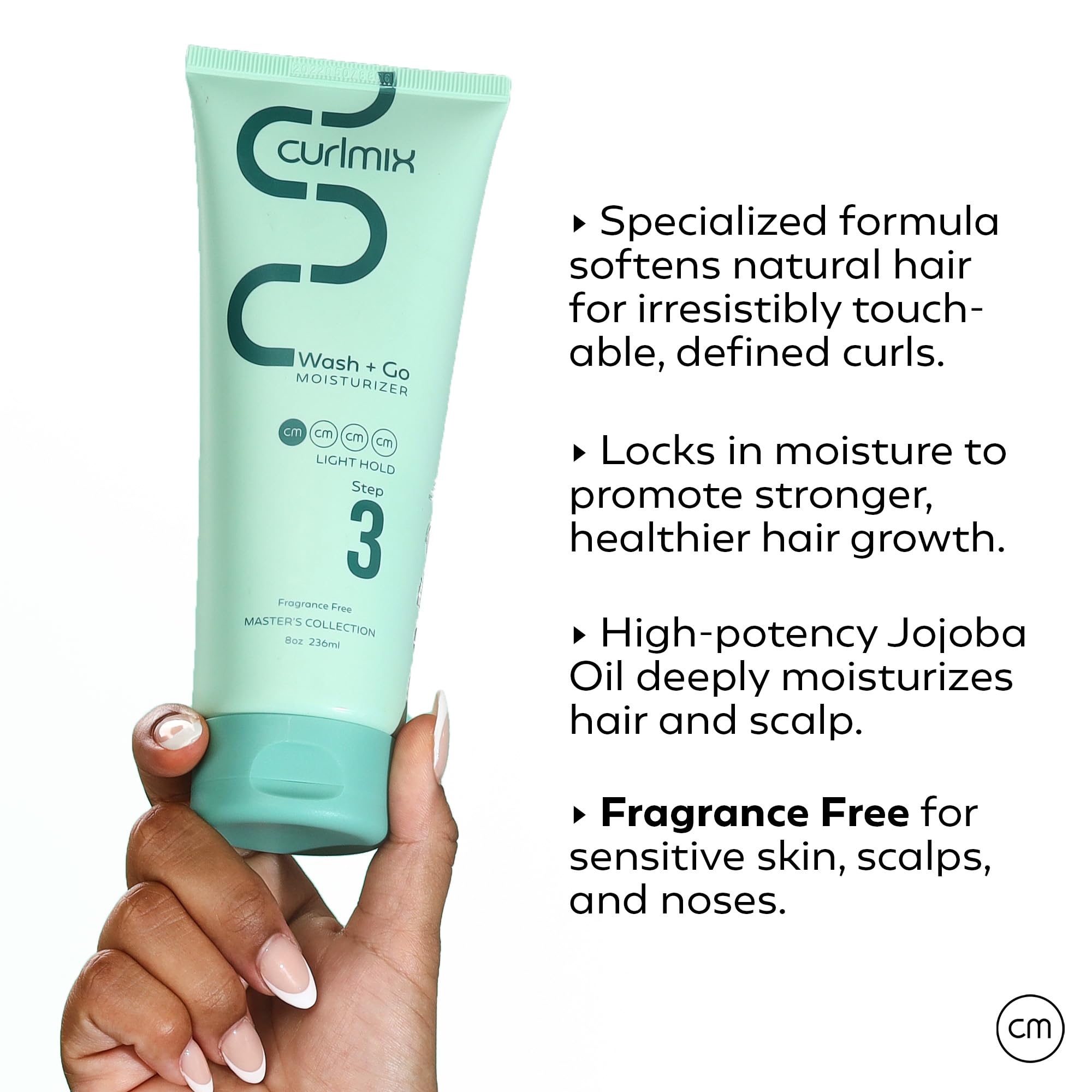Close-up of CurlMix Wash + Go Moisturizer texture showing creamy, lightweight hydration.