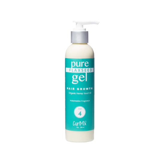 CurlMix Watermelon Flaxseed Gel bottle front showing defined curls and hydration.