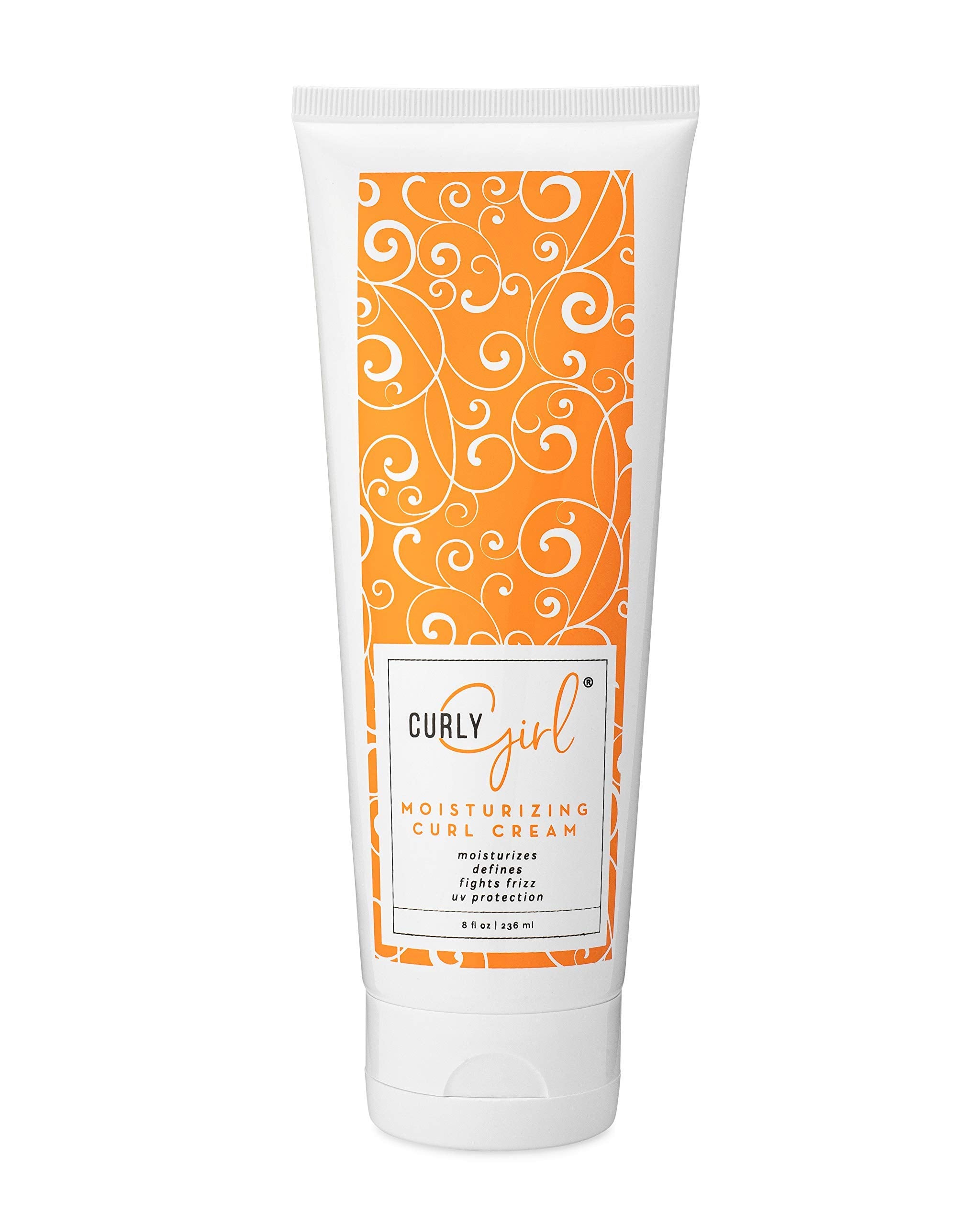 Curly Girl moisturizing curl styling cream bottle showing defined curls and hydration.