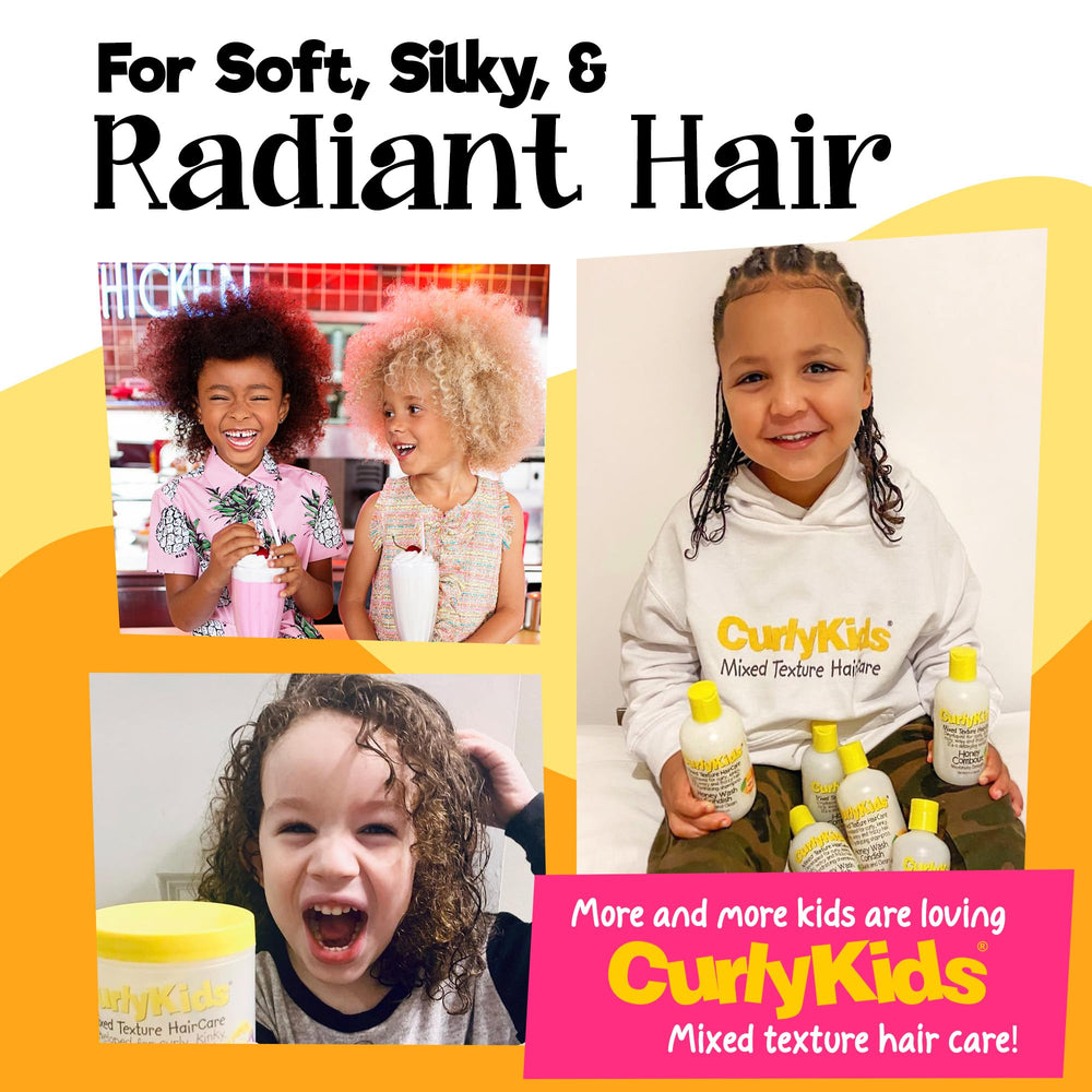CurlyKids Honey Wash Condish on wet curls supports gentle detangling