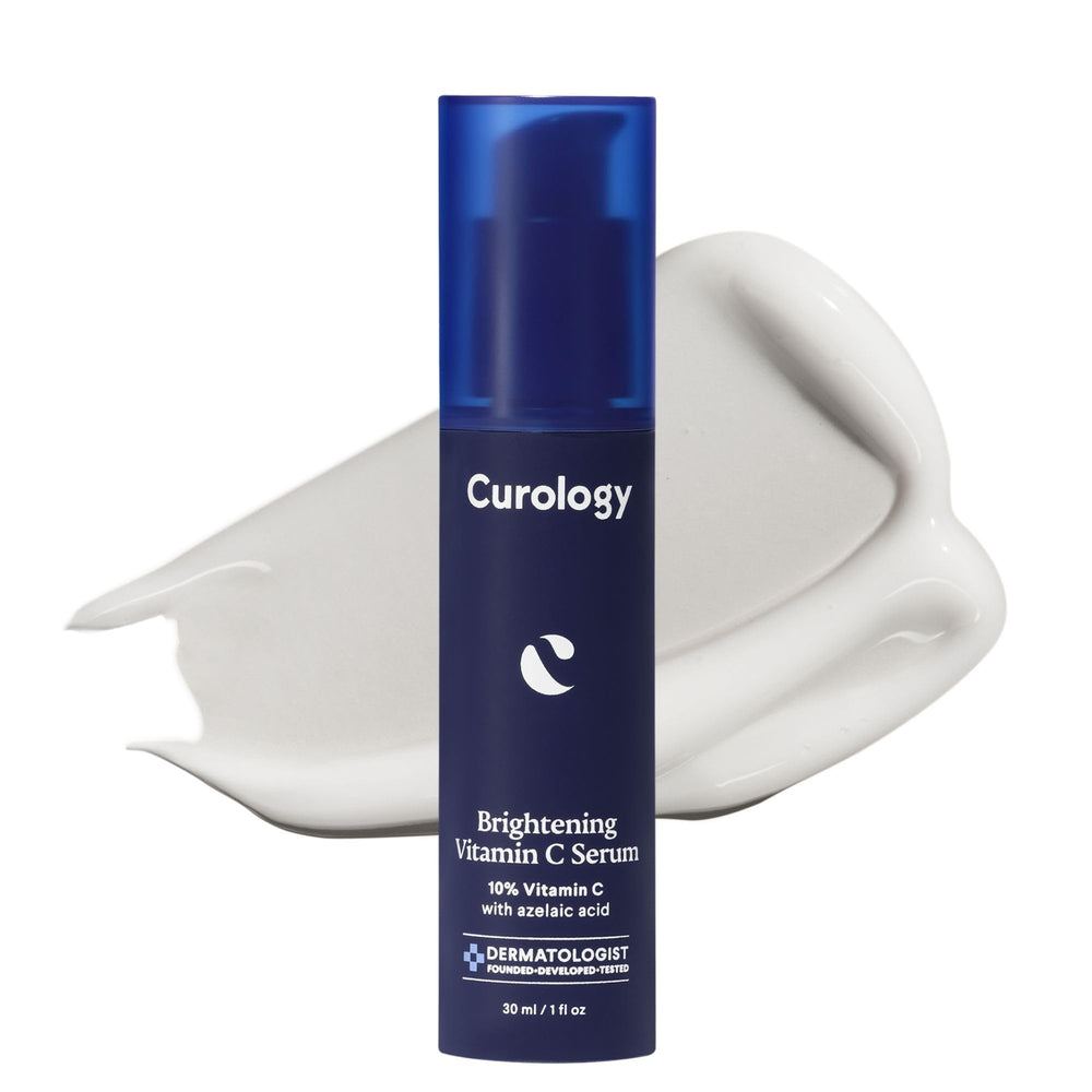 Curology Brightening Vitamin C Serum bottle close-up with milky texture for radiant skin