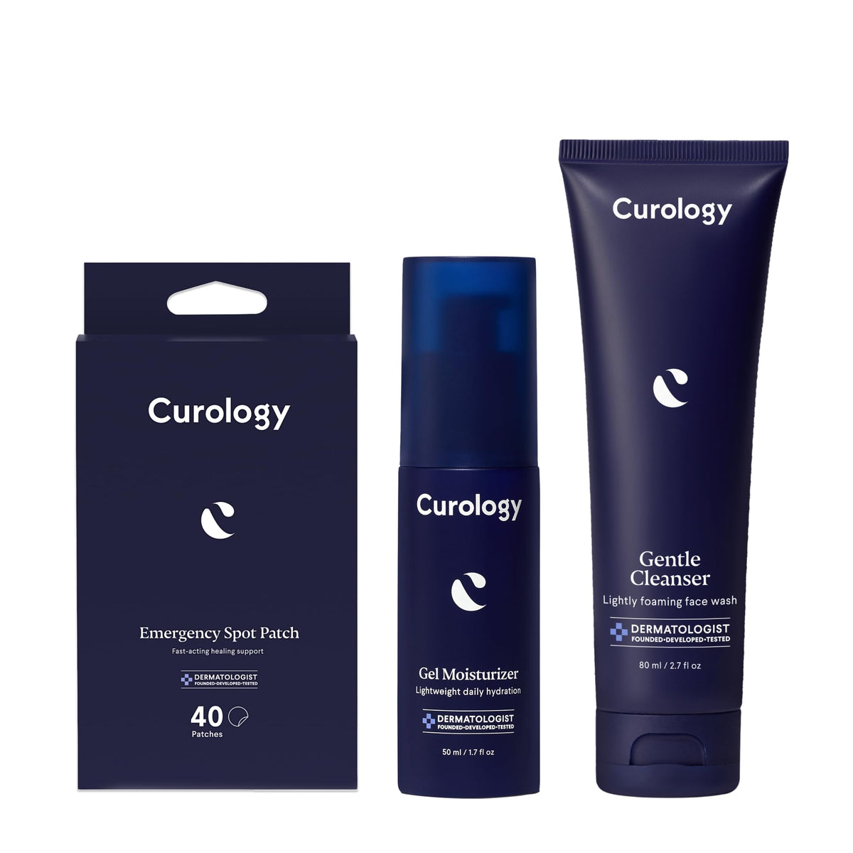 Curology Essentials Bundle package showing cleanser, patches, and moisturizer for daily skincare.