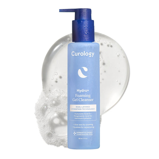 Curology Hydro+ foaming gel cleanser bottle showing hydrating formula for gentle cleansing.