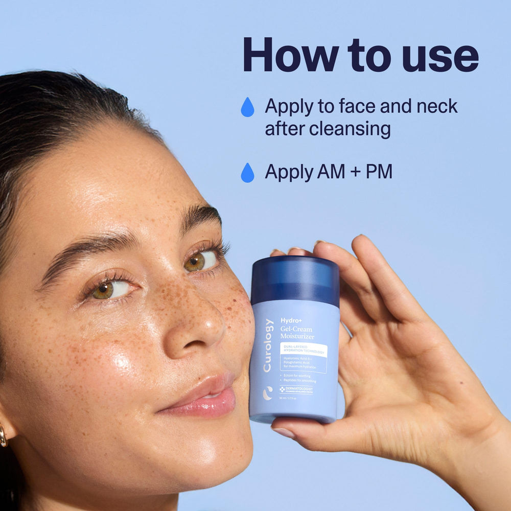 Curology Hydro+ Gel Cream Moisturizer on face with dewy glow