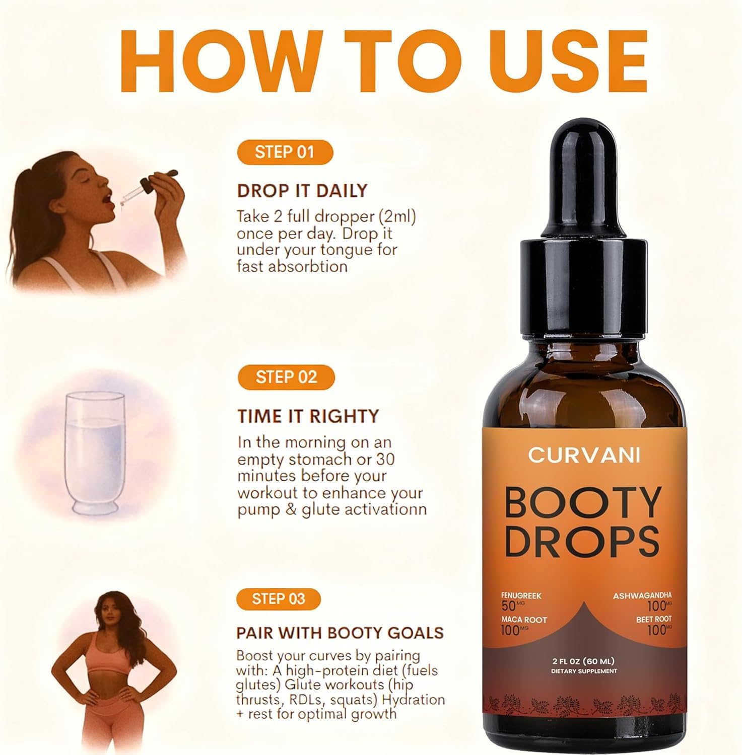 Curvani Booty Drops packaging box highlighting ingredients and usage.