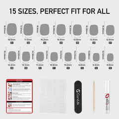 Curvlife storage box, glue, tabs, file, cuticle stick, and prep pad included for tidy at-home use.
