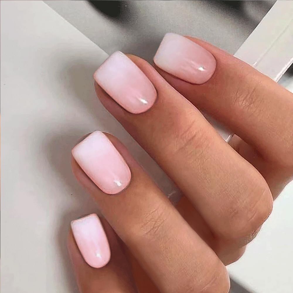 CurvLife glossy nude nails for a sleek, natural look at home.