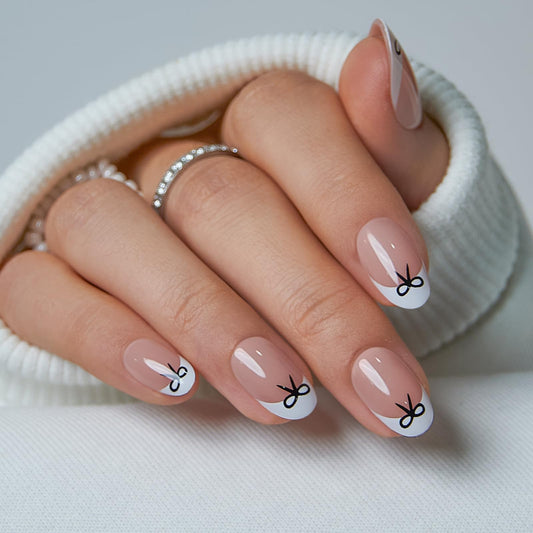 CurvLife short oval nude pink bow design nails for daily wear