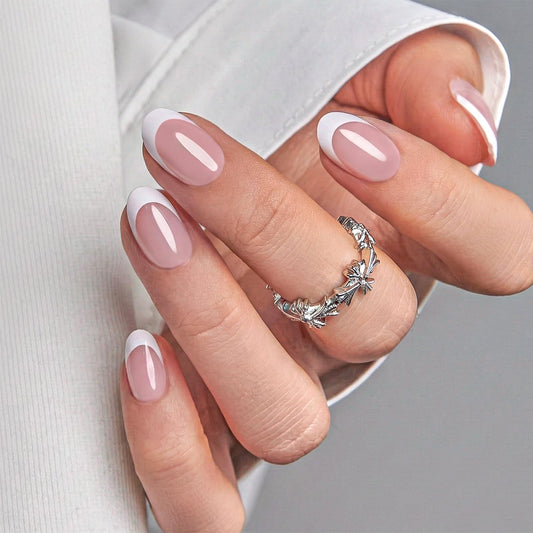 CurvLife oval French press on nails short close-up showing secure daily wear