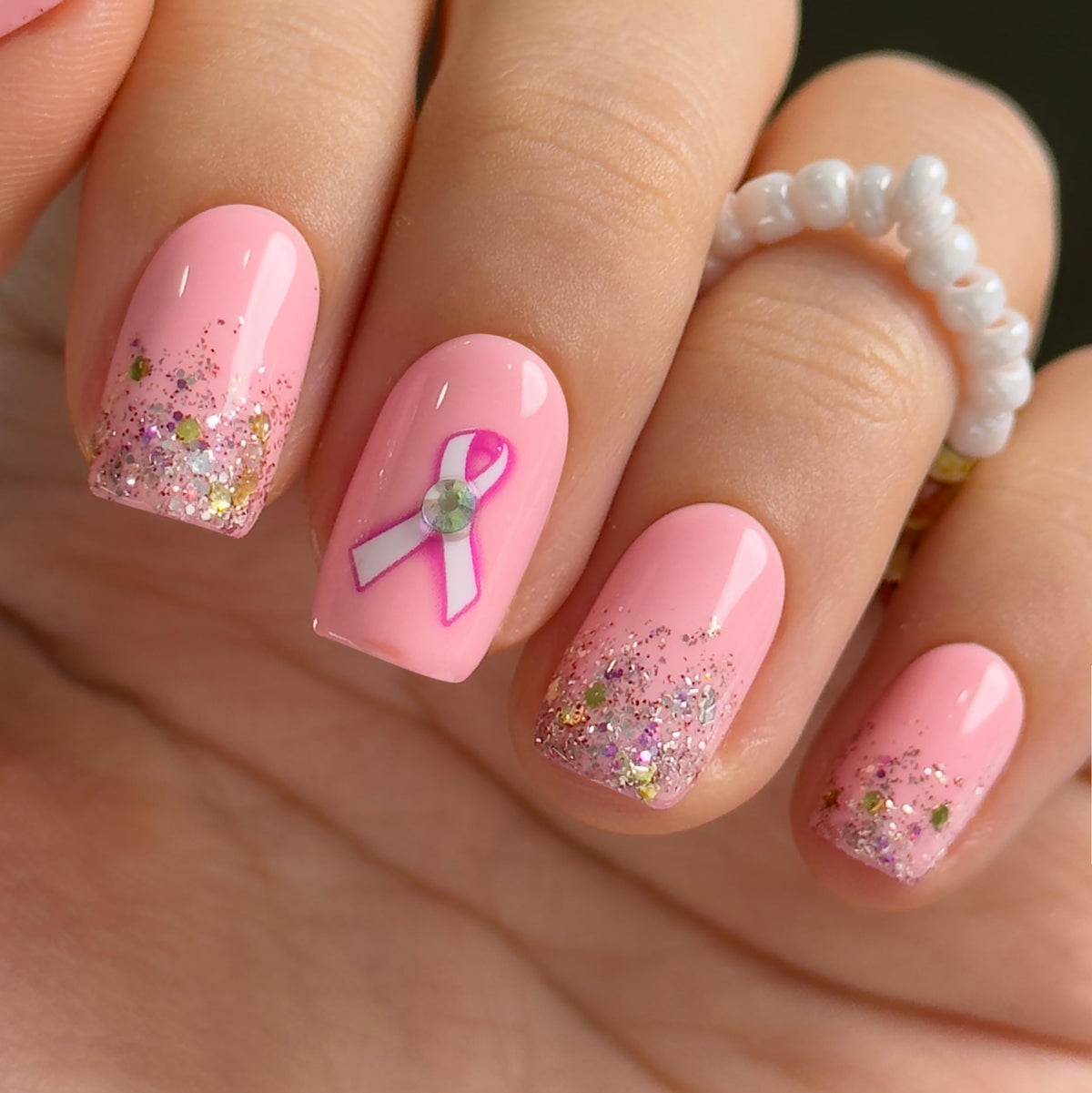 Curvlife press-on nails with pink ribbon glitter and glossy finish for instant glamour.