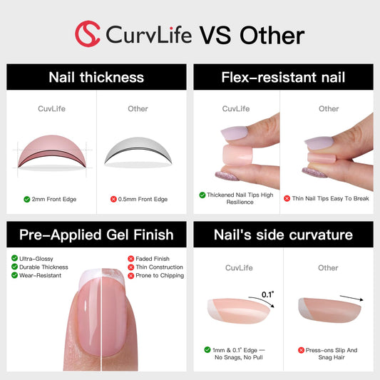 CurvLife short press-on nails offer zero-pressure wear for comfortable daily use.