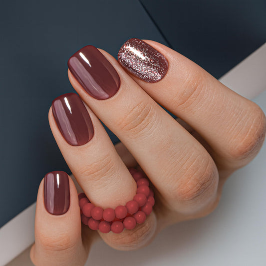 Curvlife short square nails in wine red glitter apricot design for a bold at-home manicure