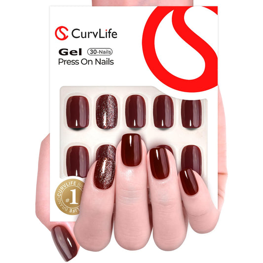 Curvlife short square nails in wine red glitter apricot design for quick changes