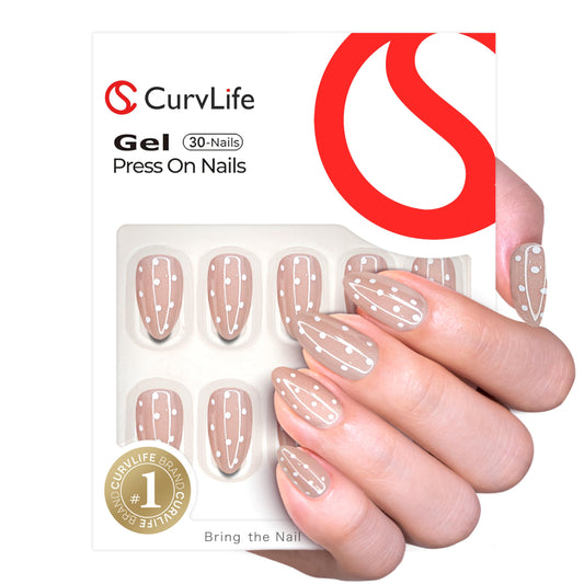 CurvLife soft gel almond nails closeup showing natural fit and glossy finish