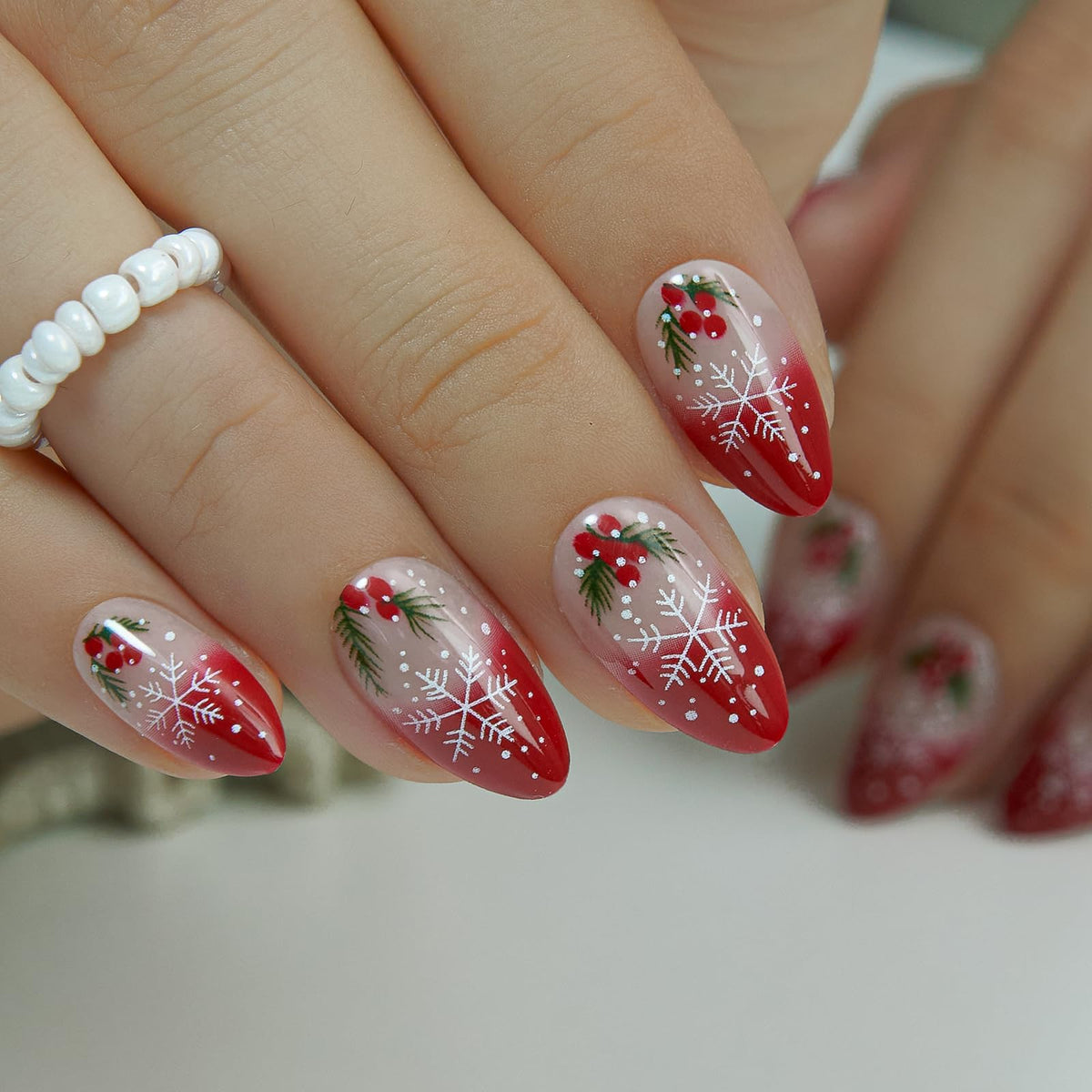 CurvLife soft gel nails set with red French snowflake design for at-home salon-quality look