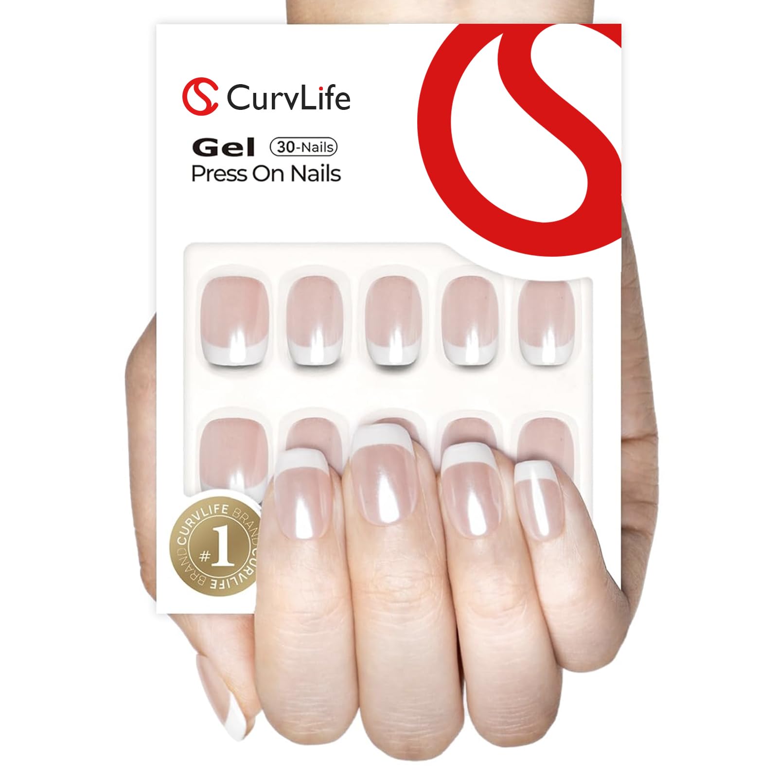 Curvlife soft gel press-on nails with French tips for quick salon-inspired look.
