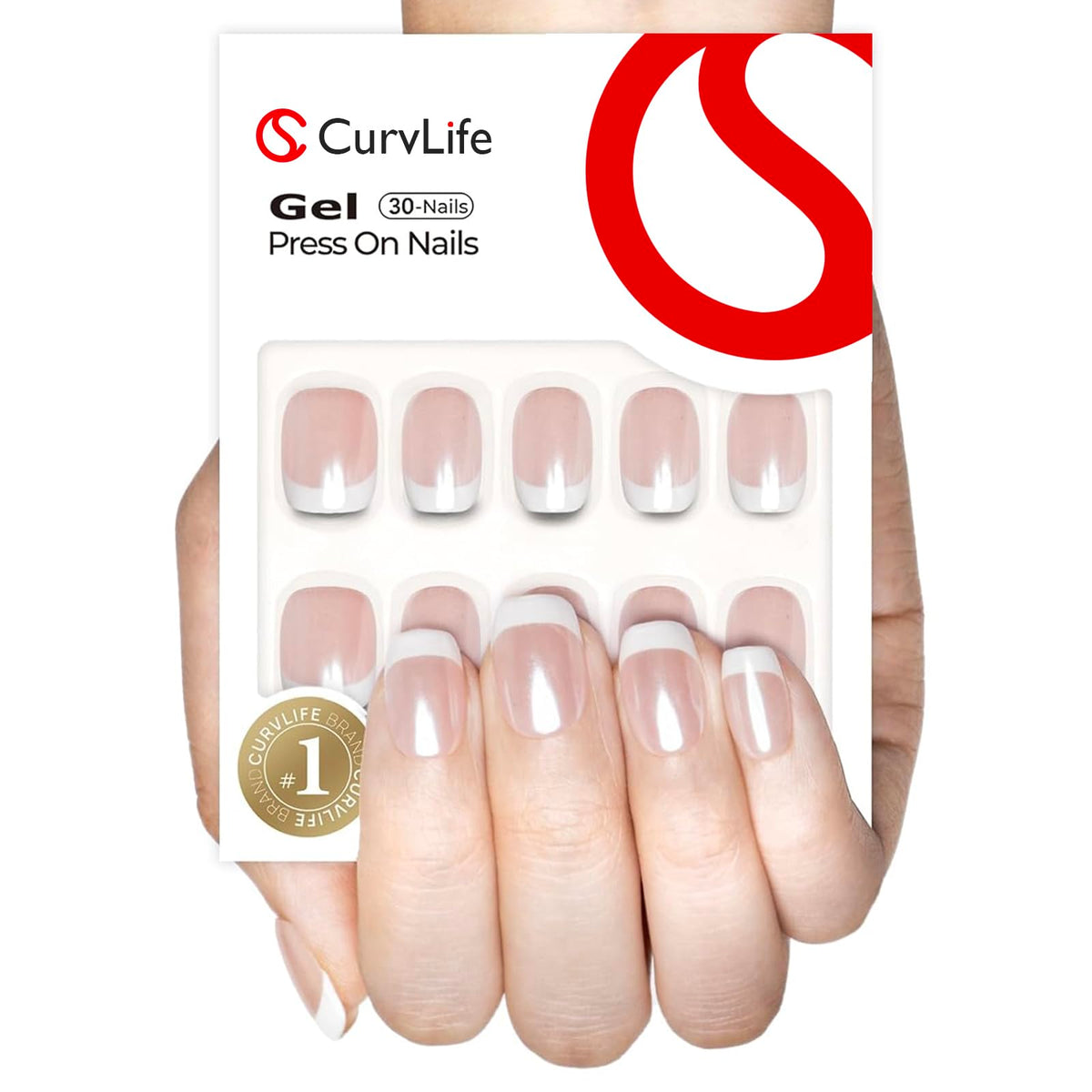 Curvlife soft gel press-on nails with French tips for quick salon-inspired look.