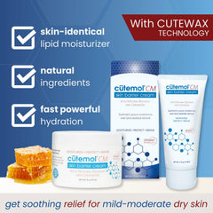 Cutemol CM emollient cream jar close-up shows ceramide complex boosting skin barrier nourishment.