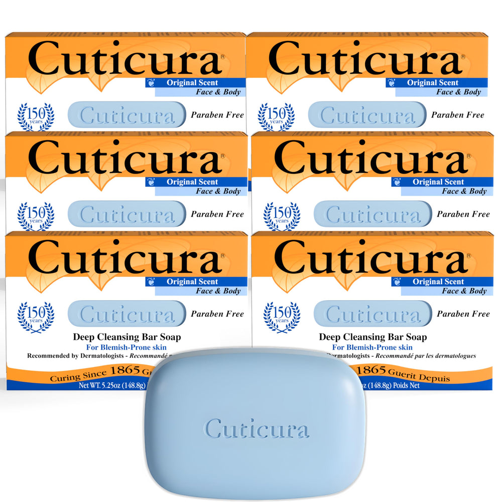 Cuticura deep cleansing soap bar creates rich lather for a thorough cleanse on face and body.