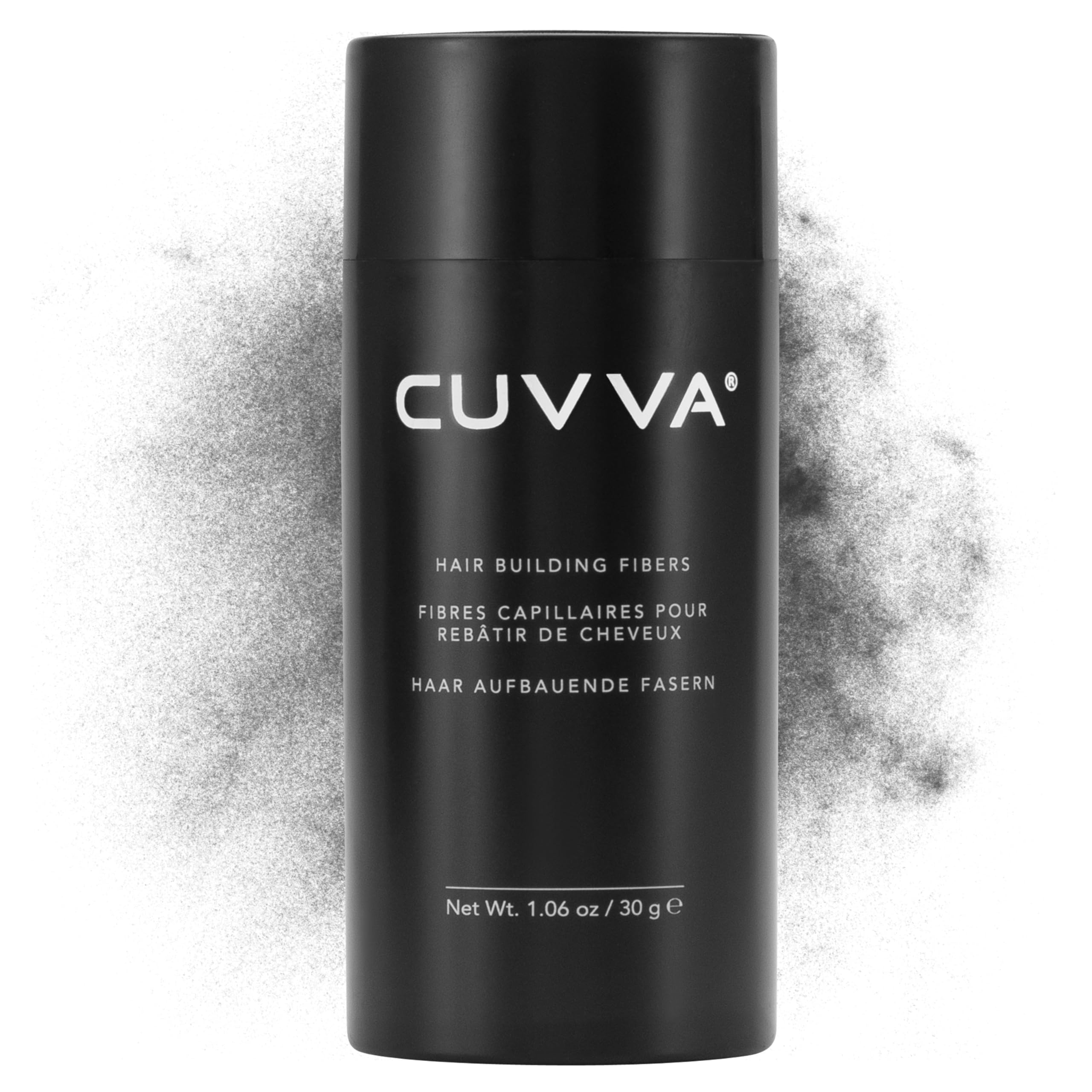 CUVVA Hair Building Fibers 30g pack showing natural look and fuller hair effect.