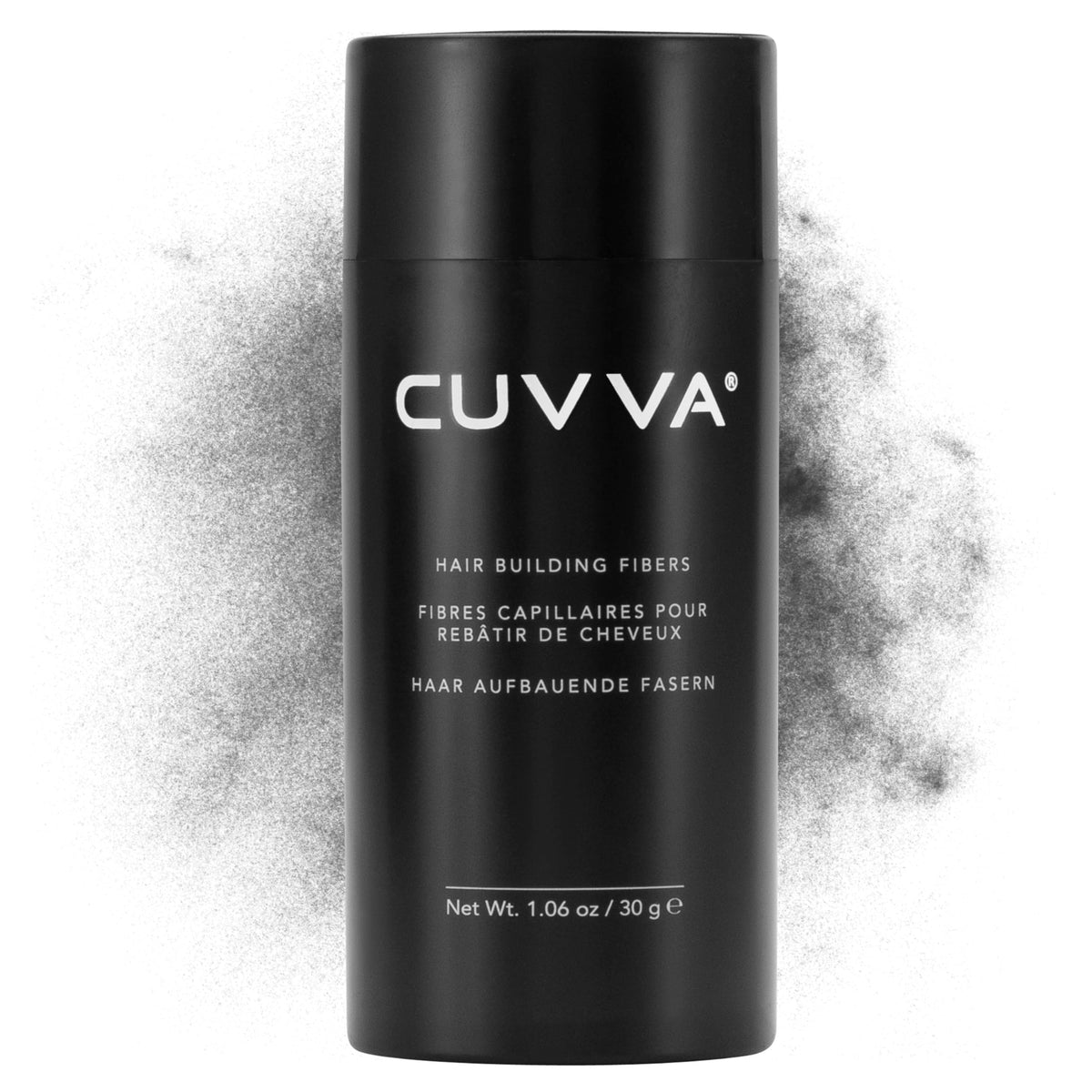 CUVVA Hair Building Fibers 30g pack showing natural look and fuller hair effect.