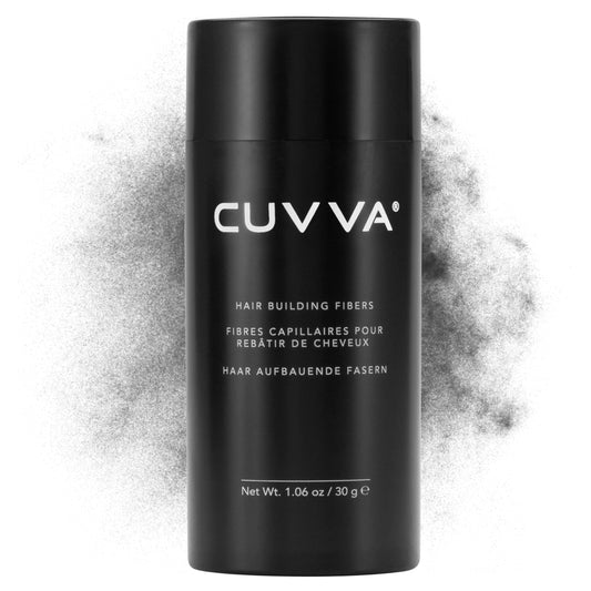 CUVVA Hair Building Fibers 30g pack showing natural look and fuller hair effect.