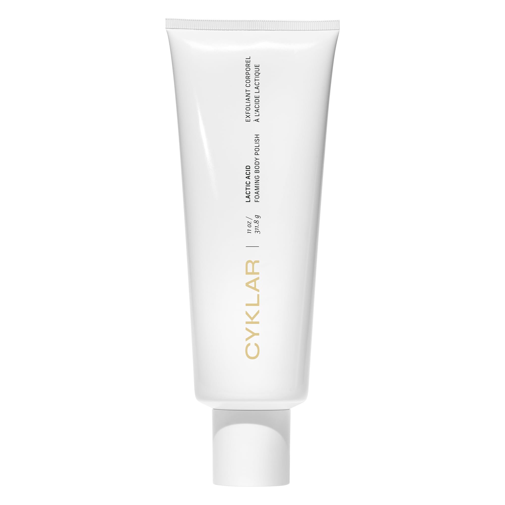 CYKLAR Lactic Acid Body Polish jar label closeup shows fragrance-free luxury care.