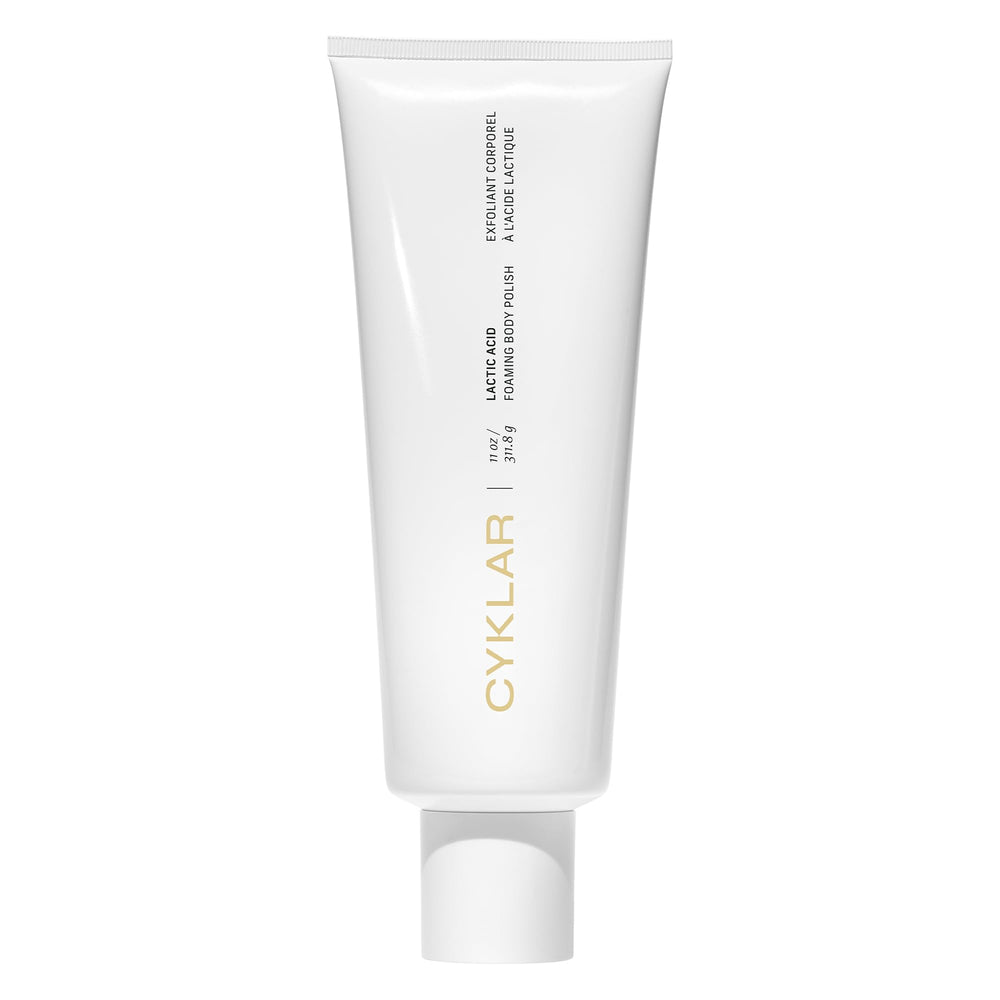 CYKLAR Lactic Acid Body Polish jar label closeup shows fragrance-free luxury care.