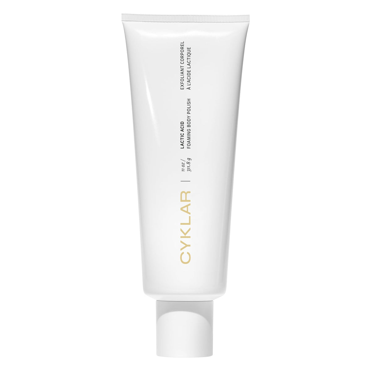 CYKLAR Lactic Acid Body Polish jar label closeup shows fragrance-free luxury care.