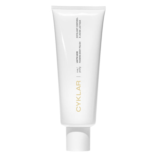 CYKLAR Lactic Acid Body Polish jar label closeup shows fragrance-free luxury care.