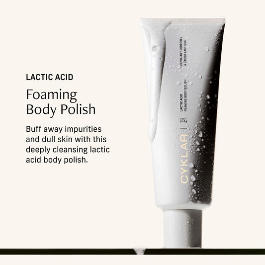 CYKLAR Lactic Acid Body Polish textured cream application demonstrates smoothing exfoliation.