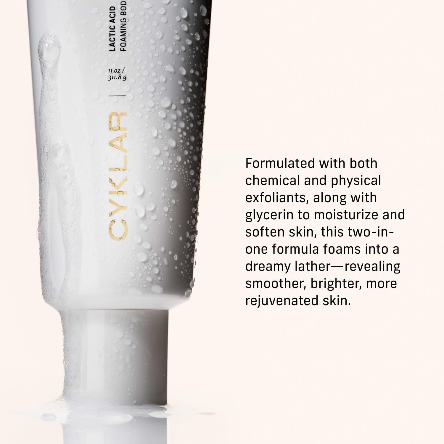 CYKLAR Lactic Acid Body Polish volcanic pumice closeup highlighting physical exfoliation.