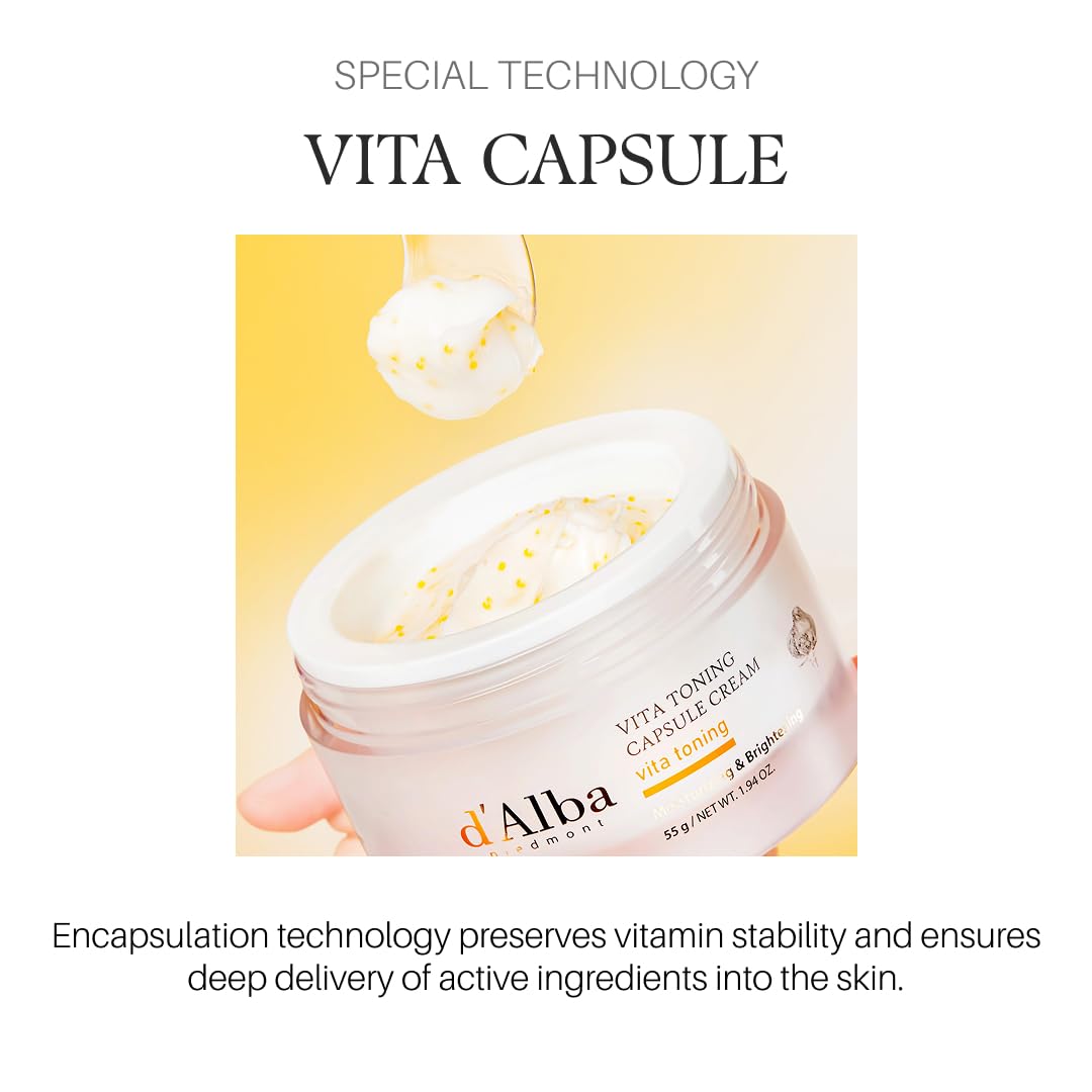 d'alba Piedmont Vita Toning Capsule Cream packaging flatlay highlights compact travel-ready tube