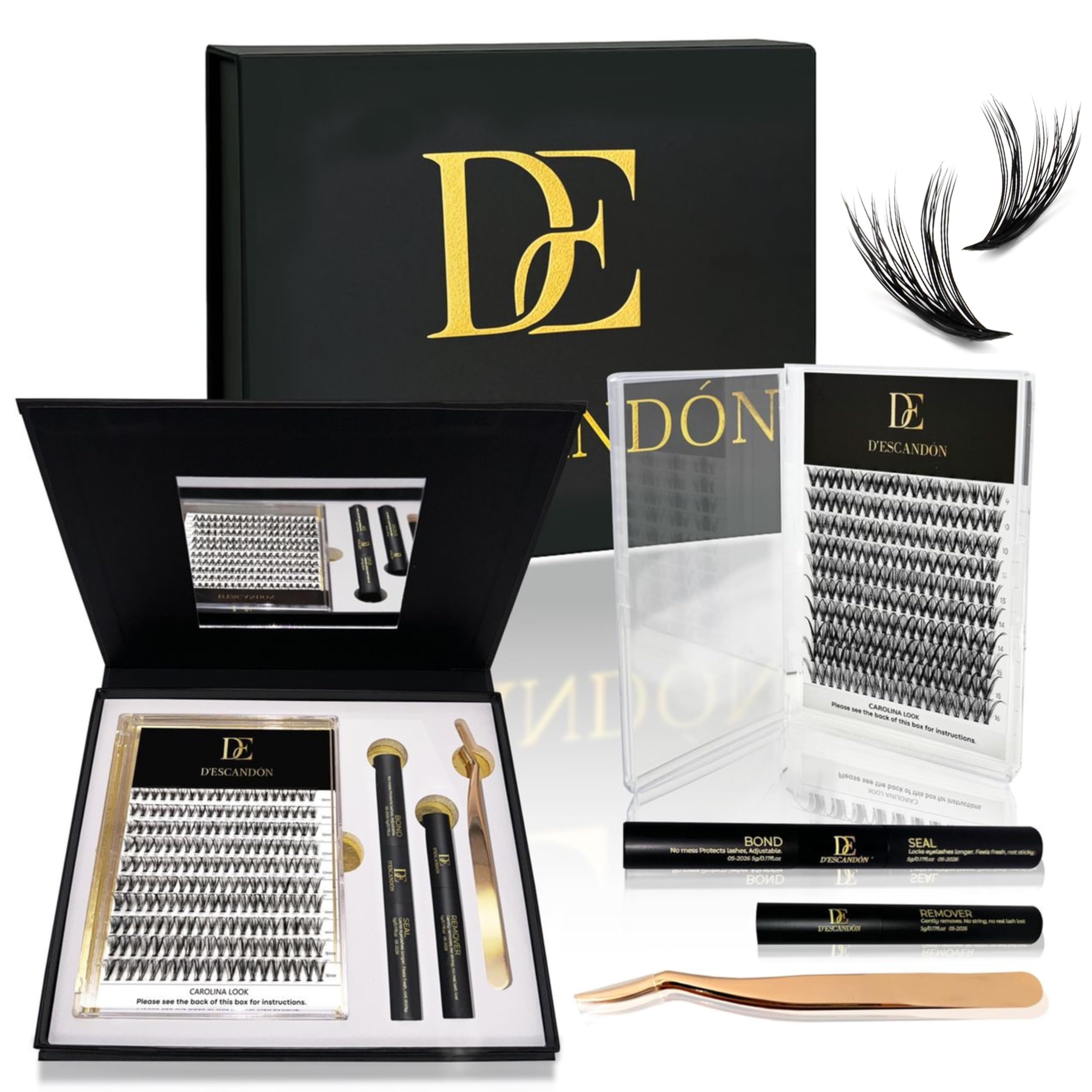 D’Escandón cluster lashes with magnetic tray for mess-free application and quick adjustments.