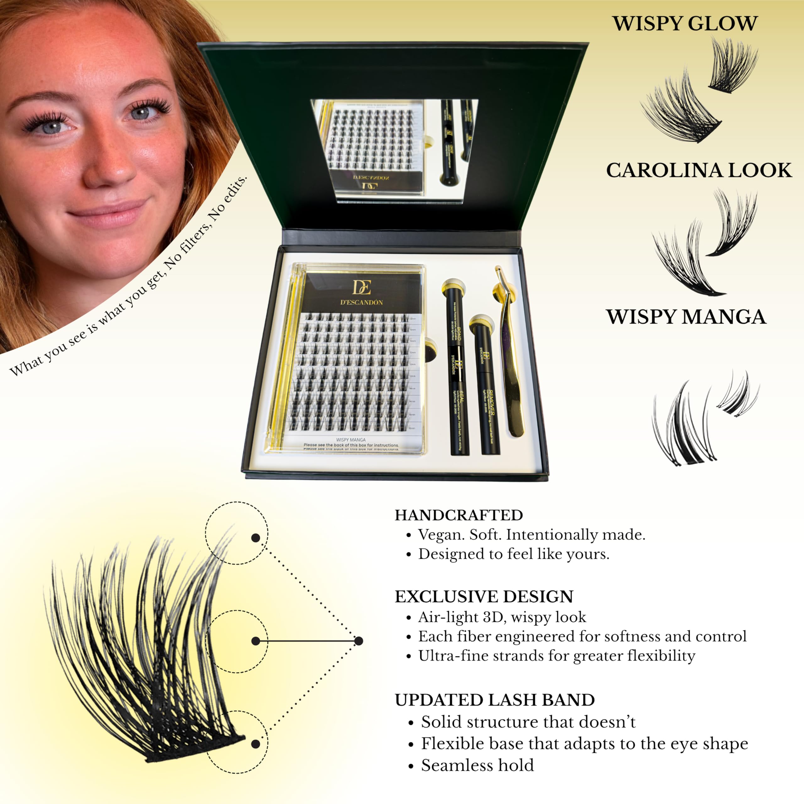 D’Escandón reusable cluster lashes provide natural look and comfortable wear.