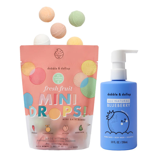 Dabble and Dollop Fresh Fruit Mini Bath Bombs in resealable pouch for easy storage.