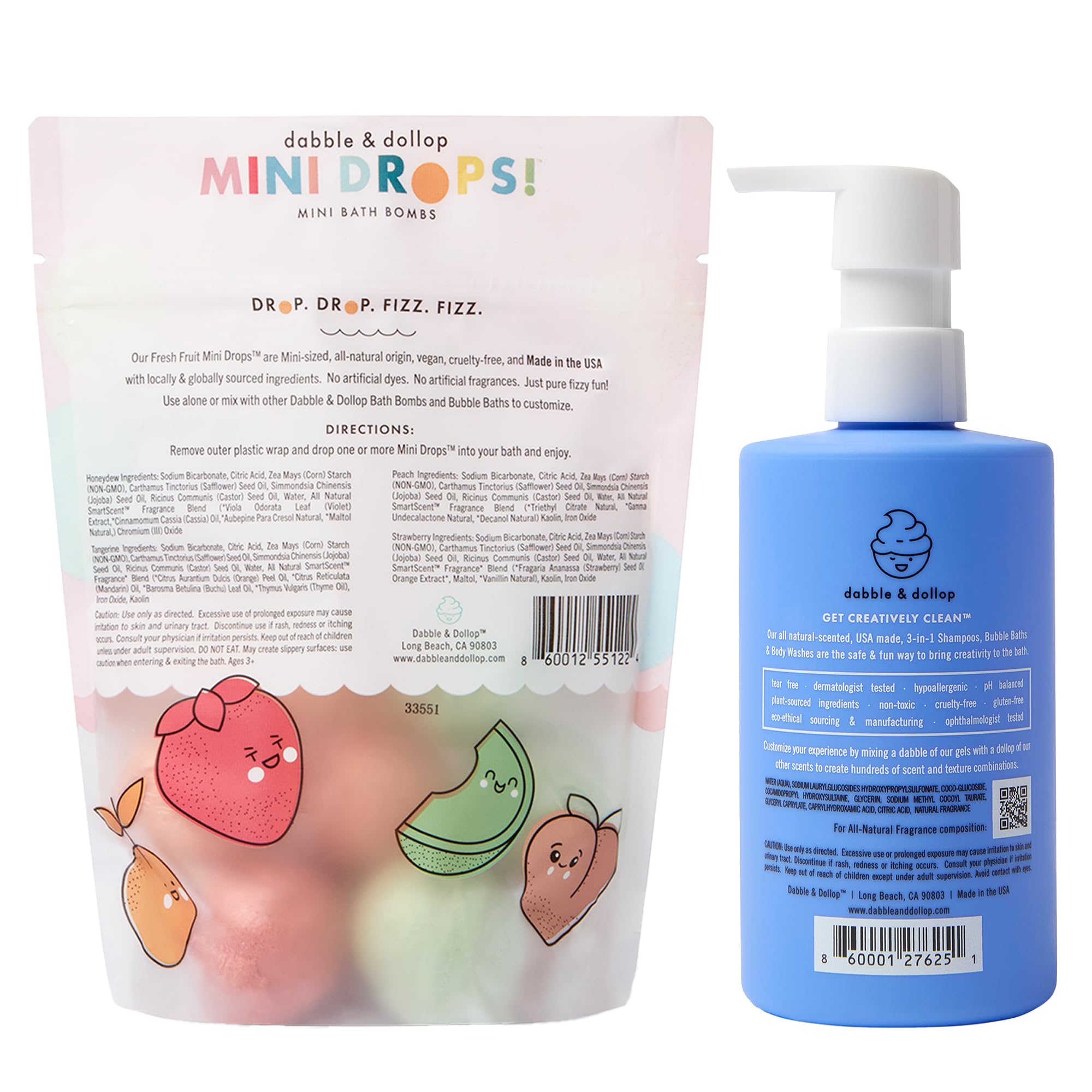 Dabble and Dollop kid-friendly bath time setup with fruity products.