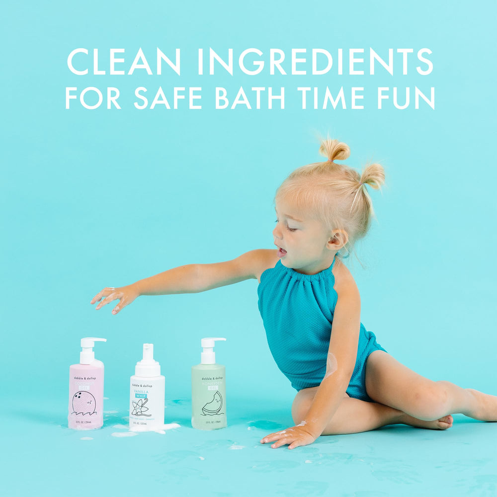 Dabble & Dollop bubble bath pour creates soft, playful bubbles for kids.