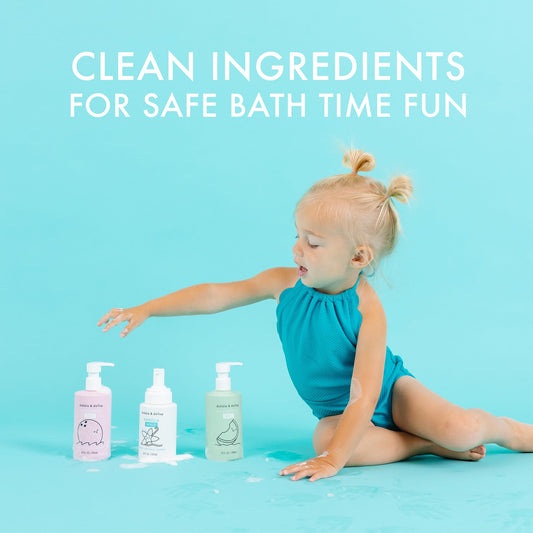 Dabble & Dollop bubble bath pour creates soft, playful bubbles for kids.