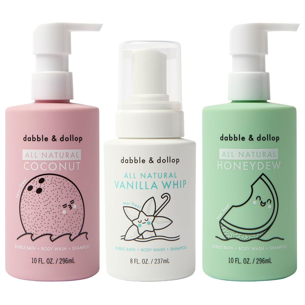 Dabble & Dollop Beachy Bundle packaging shows three gentle, tear-free bath products.