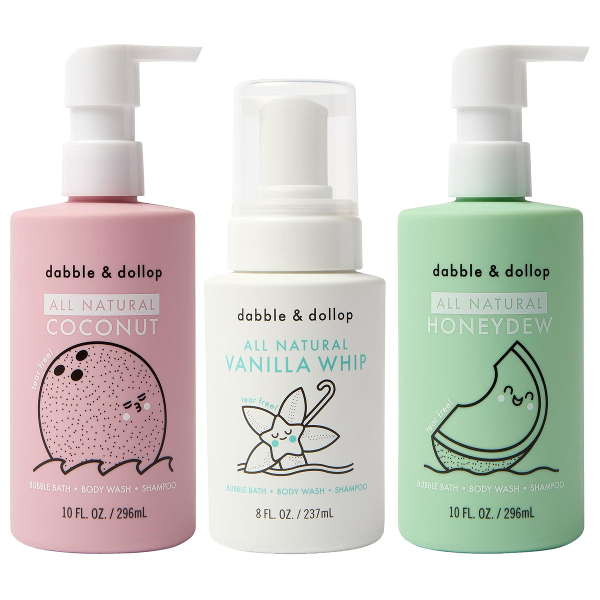Dabble & Dollop Beachy Bundle packaging shows three gentle, tear-free bath products.
