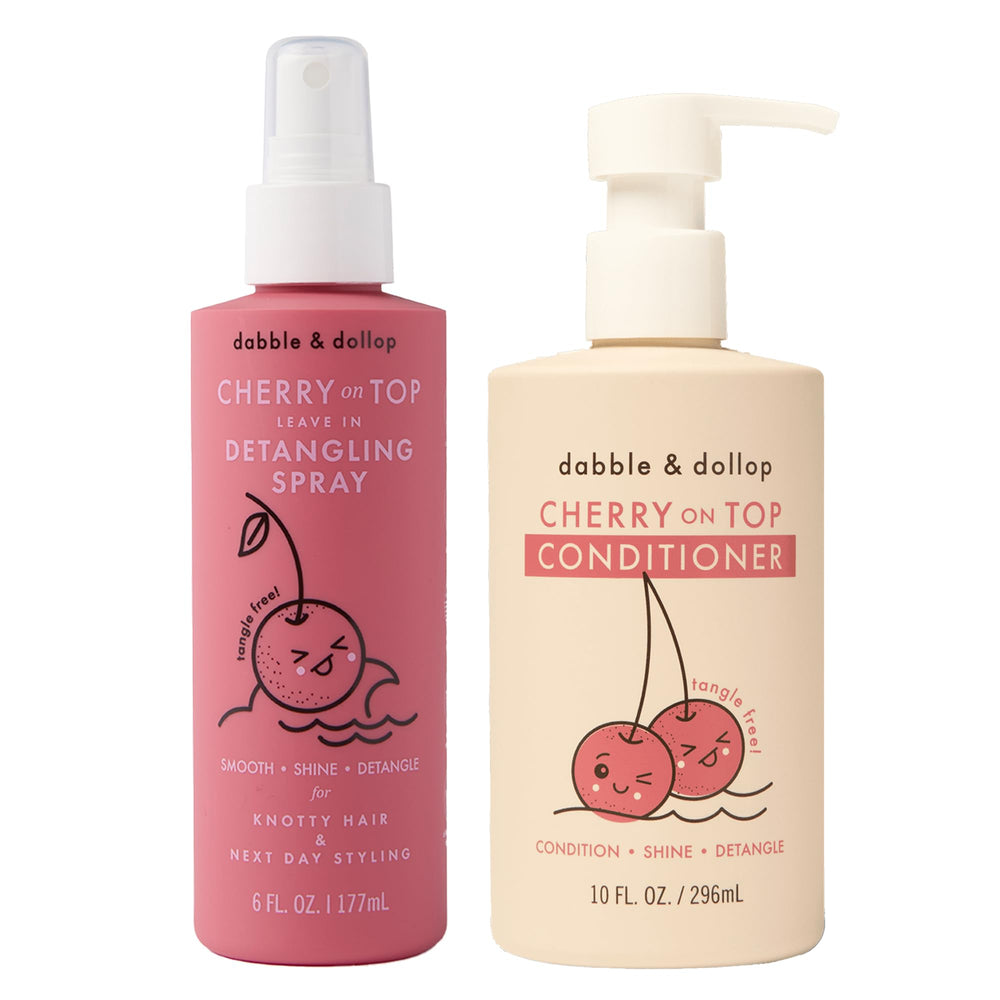 Dabble & Dollop Cherry on Top Leave-In Detangler Spray bottle demonstrates easy detangling for kids.