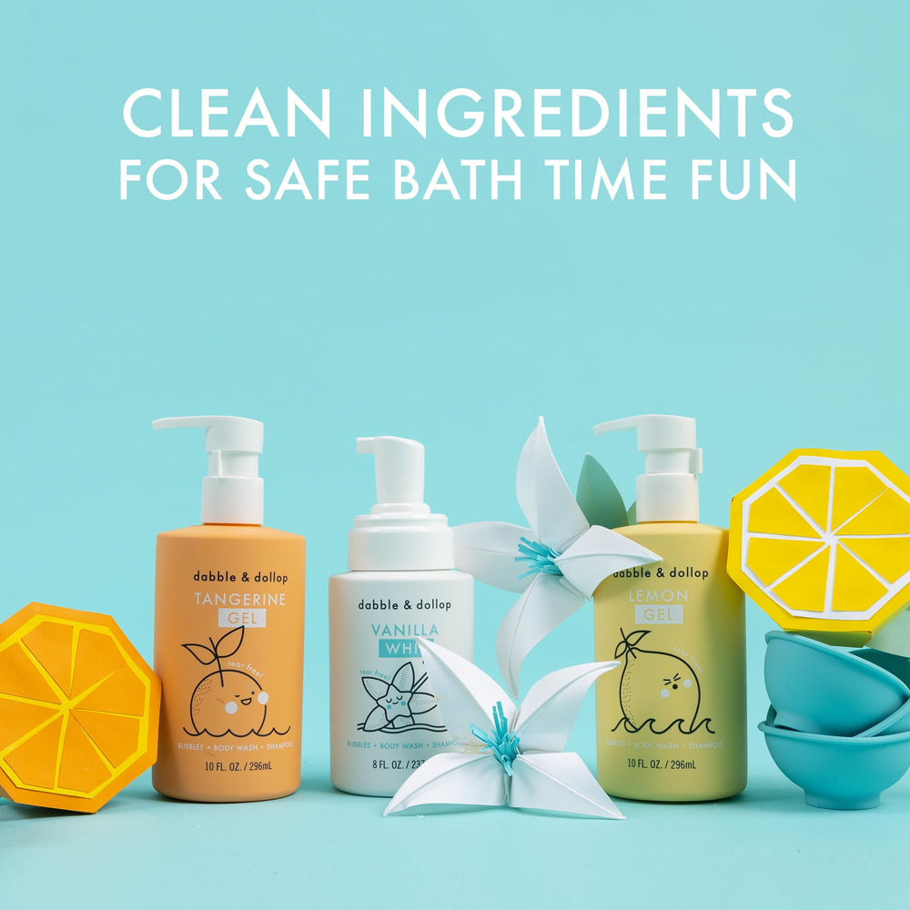 Dabble & Dollop Citrus Kiss 3-in-1 blends bubbles, wash, and shampoo.