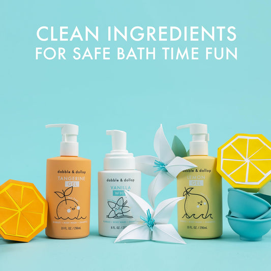 Dabble & Dollop Citrus Kiss 3-in-1 blends bubbles, wash, and shampoo.