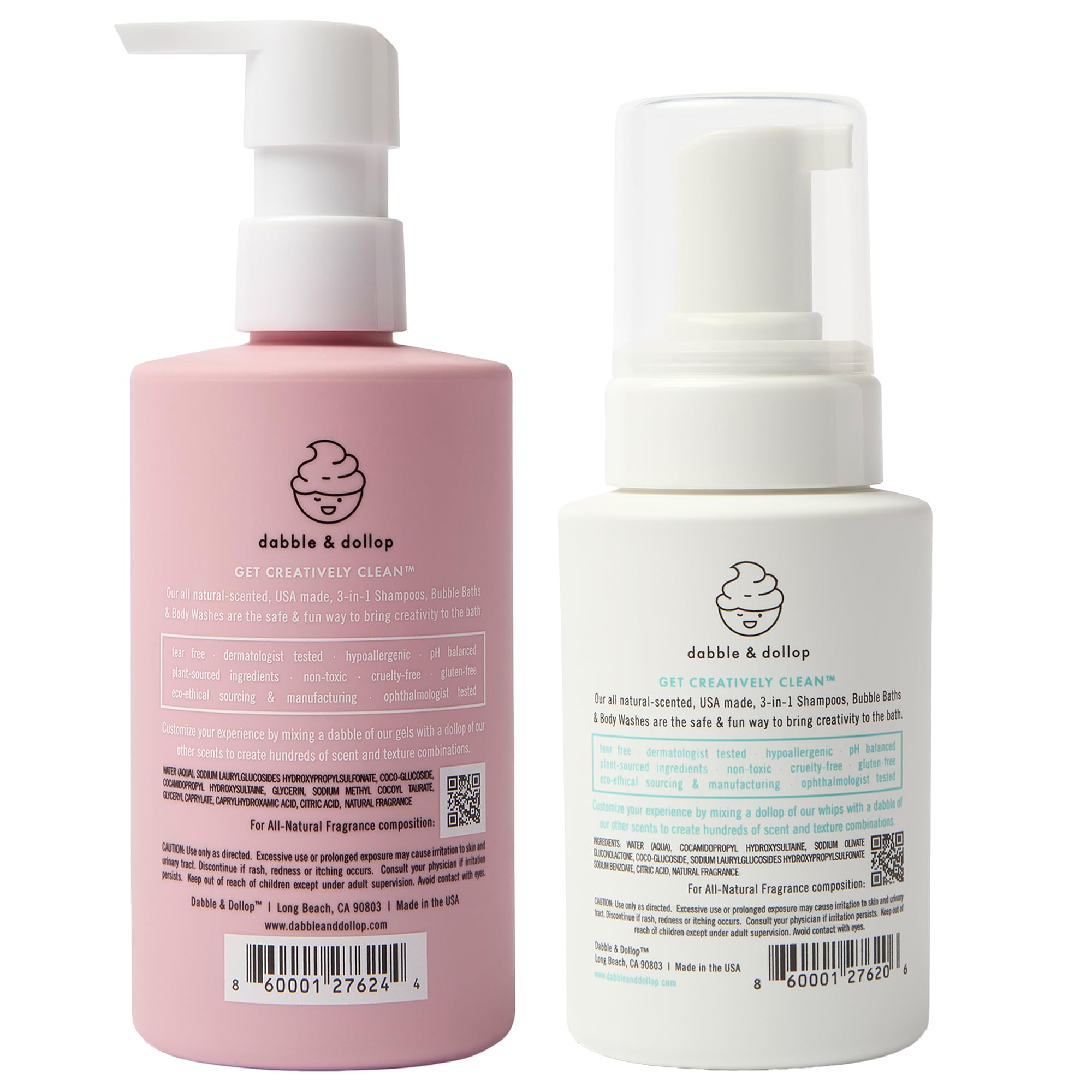 Dabble & Dollop ingredients panel shows plant-based surfactants
