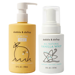 Dabble and Dollop lemon bottle with bubbles for gentle tear-free baths