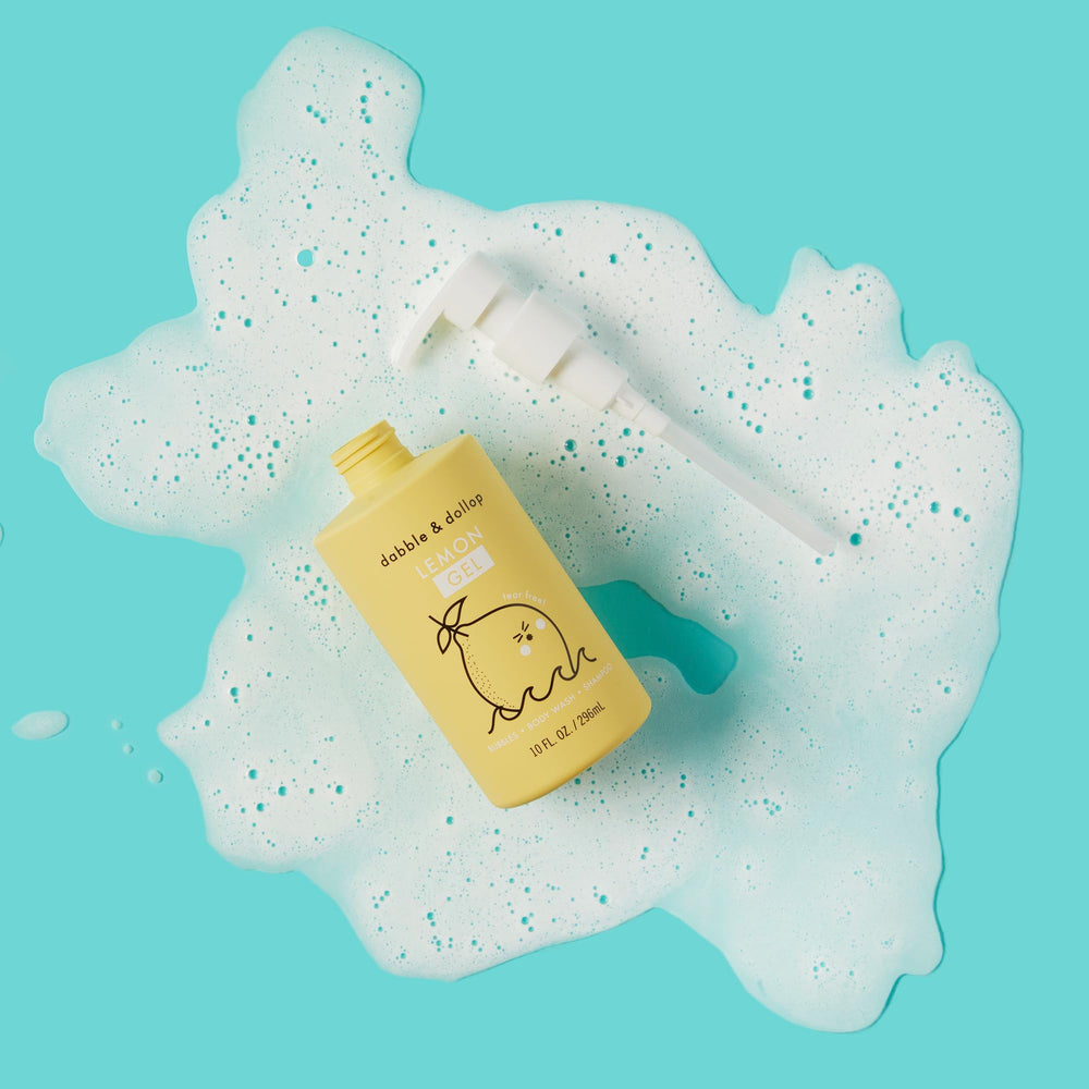Dabble & Dollop Lemon Gel lather close-up shows creamy texture for soft skin.
