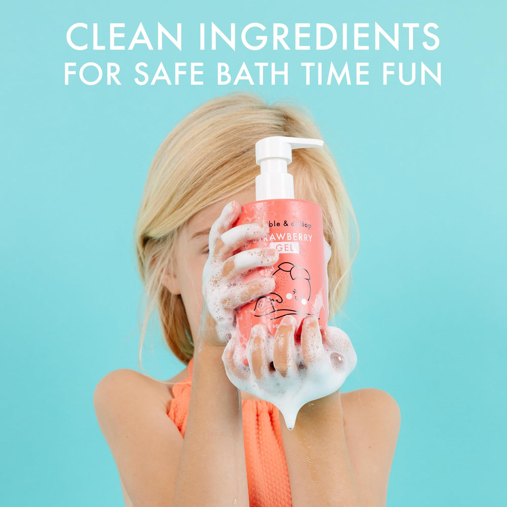 Bubbles in tub from Dabble & Dollop strawberry 3-in-1 for playful bath time.