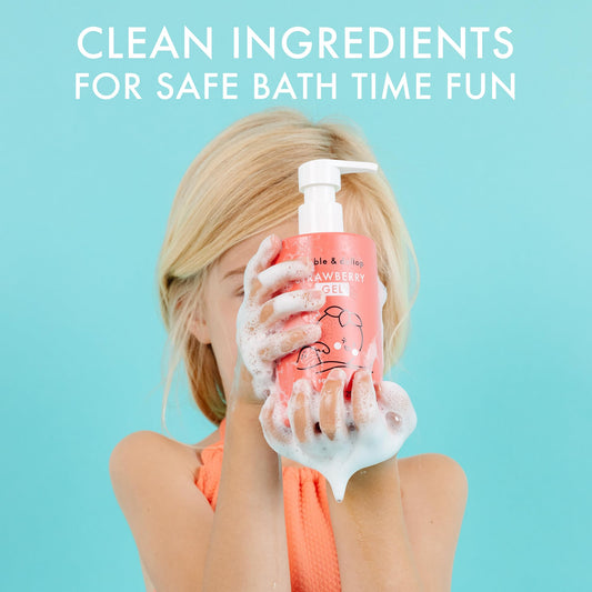 Bubbles in tub from Dabble & Dollop strawberry 3-in-1 for playful bath time.
